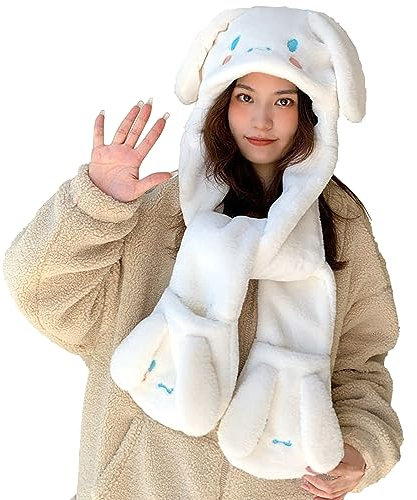 Roffatide Cartoon Cinnamoroll Ear Moving Jumping Hat Fluffy Beanie Cap Soft Warm Winter Head Wear Cute Hats for Women Hat Scarf Gloves in One