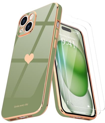 Teageo for iPhone 15 Case with 2 Screen Protector Heart Pattern for Women Girls Luxury Bling Plating Soft TPU Anti-Scratch Shockproof Bumper Phone Case for iPhone 15, Light Green