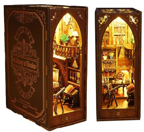 DIY Book Nook Kit, 3D Puzzle Puppenhaus Kit, Holz Buchstützen Miniatur Haus Kit mit LED-Licht, Bücherregal Deko Ornamente Bücherstand Dollhouse Modellbausätze für Erwachsene, Kreatives Geschenk (A)