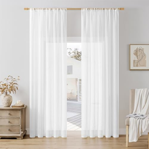 Softalker Stores Gardinen Stangendurchzu 2er Set Sheer Curtains Vorhänge Transparente Gardienen Schal Weiße Vorhang Wohnzimmer 250 cm Extra Lang Dekoschal für Schienensystem