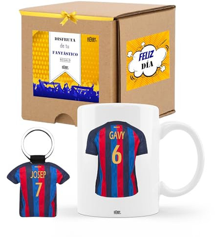 Taza del Barcelona de cerámica personalizada con nombre y número más llavero del Barça regalos para aficionados al futbol ideal regalo de cumpleaños día del padre niño novio amigo 325ml(Barcelonax2c)