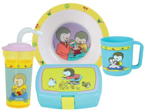 T'CHOUPI LOT VAISSELLE POUR ENFANT AVEC 1 ASSIETTE CREUSE Ø16 CM, 1 MUG 350 ML, 1 GOBLET PAILLE 400 ML ET 1 BOITE GOUTER - VAISSELLE REUTILISABLE