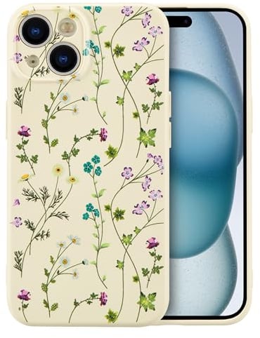 RALEAVO Blumen Handyhülle für iPhone 15, Hochwertiges Flüssig Silikon Stoßfeste Schutzhülle mit niedlichen Blumenmustern, Ultra Dünn mit Microfiber Matt Hülle für iPhone 15-Beige