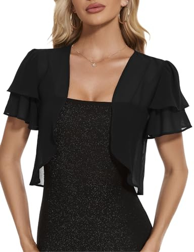 HANERDUN Damen Bolero Elegant Chiffon Kurze Ärmel Shrug Bolerojacke Top | Open Front Strickjacke Cardigan, Kräuseln Schulterjacke Top, Bolero Damen Festlich, Chiffon Cape, Leichte, Bolero Kurzarm