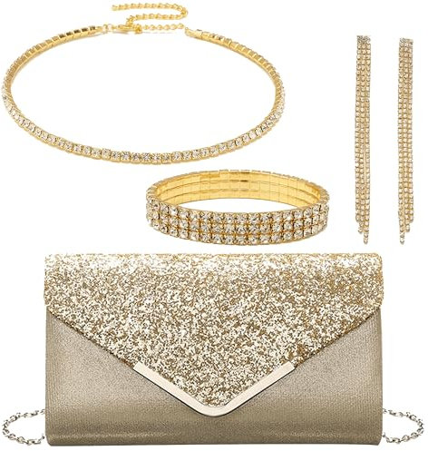 OUAYEMEL Damen-Handtasche mit Glitzer-Umschlag, Pailletten, Abend-, Hochzeits-Handtasche, Geldbörse, Brautschmuck, Abschlussball, Party, Schultertaschen, elegant, 4-teiliges Schmuck-Set mit Golden