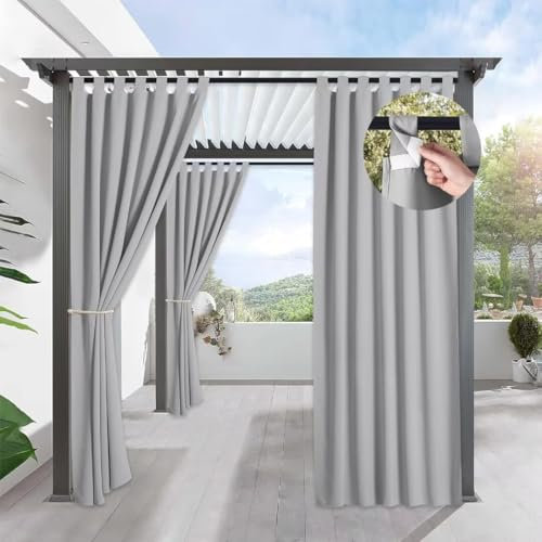 Outdoor Vorhang Wetterfest, Outdoorvorhänge Blickdicht 132×274cm, Sichtschutz Sonnenschutz, Outdoor Vorhänge Wasserdicht mit Klettverschluss, Outdoor Gardinen für Balkon Pavillon Terrasse, Hellgrau