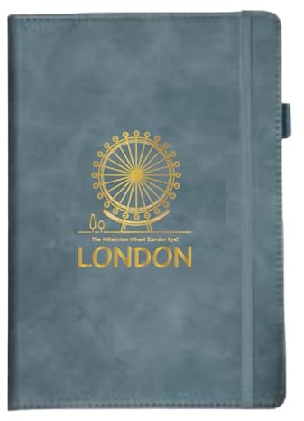 A5 Thermo PU Leather Journal Notebook – London Souvenir Skyline Teal Notebook - 192 Pages, Pen Loop, Rear Pocket & Bookmark, London Eye, Big Ben & Tower Bridge Travel Notebook (London Eye)