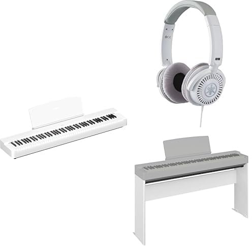 Yamaha Piano digital P-225, blanco: piano digital ligero y portátil con auriculares HPH-150 y soporte de madera para piano digital L-200