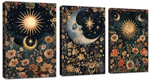 WENGTIAO 3Pcs Islamisch Blumen Leinwand Bilder Kunstdrucke Gerahmtes Bild Muslimisch Sonne Mond Geblümt Malerei Wandbilder auf Leinwand Wohnzimmer Schlafzimmer Wanddeko 40x60 cmx3