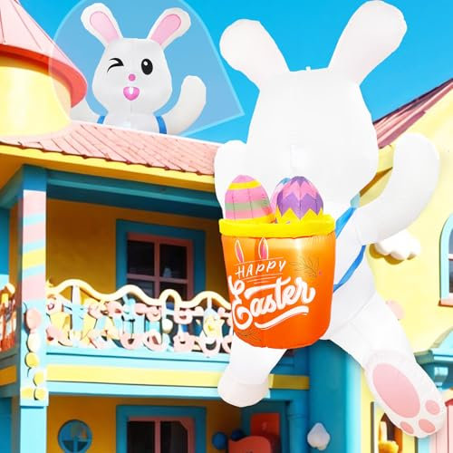 GUDELAK 2,4 m Oster-aufblasbare Outdoor-Dekorationen, kletternder Osterhasen-Dekor, aufblasbarer Osterhase mit aufblasbarem Ostereierkorb, Oster-Aufblasen für Außendach, Laden, Osterdekoration