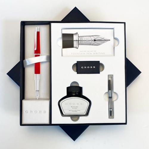 AT Cross Beverly Fountain Pen Luxury Pen Set with Ink and Converter Gift Boxed - Choose Nib Width and Colour (Red Fountain Pen Set)