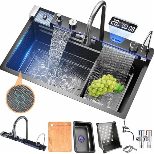 Kroscro Spülbecken Schwarz mit Multifunktional armatur | Spüle Modernes Wasserfall , Küchenspülen Edelstahl mit Tassenwaschanlage, Seifenspender und Zubehör
