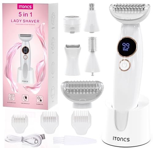 iToncs Intimrasierer für Frauen, 5-in-1 Elektrischer Rasierer Damen, IPX7 Wasserdichter Damenrasierer, Schmerzloser Nass-Trocken-Rasierer für Bikini, Achseln, Beine, Augenbrauen & Nase, USB-Ladestati