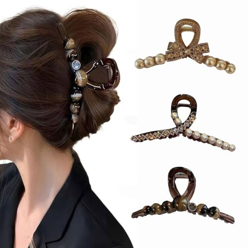 Lot de 3 Pinces à Cheveux avec Perles élégantes pour Femmes et Filles,Barrettes à Perles Noires Résistantes,Pour Cheveux longs,Courts,épais ou Fins,Mécanisme Métal Antidérapant,Cadeau Tendance