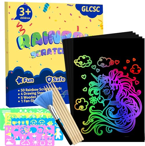 GLCSC 60 Pcs Scratch Art for Kids, Rainbow Scratch Paper, Black Magic Scratch Off Craft Set for 3 4 5 6 7 8 9 10 Years Old Girls and Boys Kids, Party Games Christmas Birthday Easter Gifts