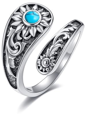 Sunflower Spoon Ring 925 Sterling Silver Sunflower Turquoise Adjustable Rings Turquoise Victorian Style Boho Antique Flower Thumb Statement Rings Jewellery Gifts for Women