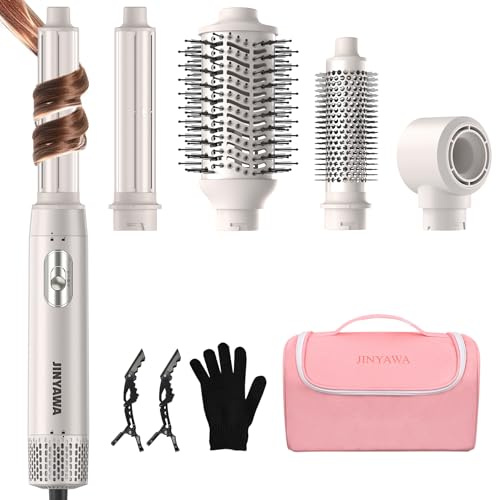 JINYAWA 5 in 1 Airstyler, Haarstyler Rundbürstenföhn, Airstyler Warmluftbürste Mit 3 Temperatureinstellungen, Lockenstab Automatisch Für Locken, Volumen, Glätten,Trocknen