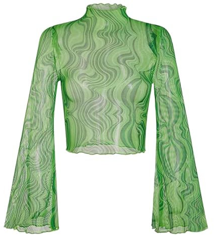 Women's Mesh Tops Transparent Top, Boho Flowers Hippie 70s Blouses Turtleneck Bell Sleeve Tunic Floral Blouses for Women UK Green S