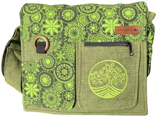 Borsa a tracolla con motivo floreale mosaico, ricamo albero della vita, tasca anteriore, nero e bianco, verde, verde