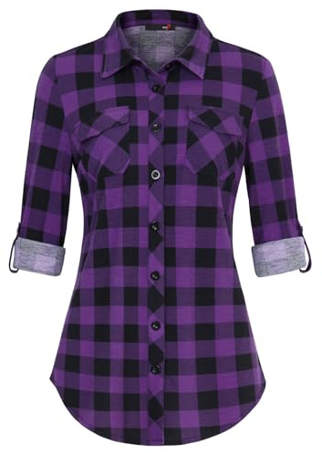 DJT Womens Soft Stretchy Knit Plaid Shirts Roll Up Long Sleeve Collared Button Down Ladies Blouses Work Tops Purple-Black XXL