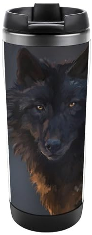 Qjjinxior Thermobecher aus Edelstahl, 380 ml, Fantasy-Wolf-Reisebecher mit auslaufsicherem Deckel, rutschfester Boden