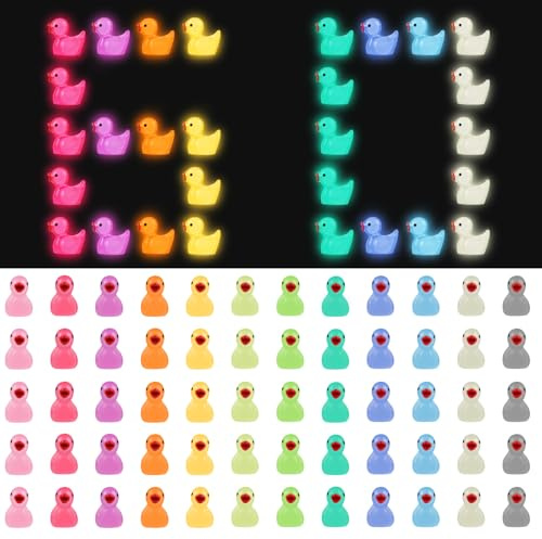 Giftota 60 Stück Mini Leuchtend Enten, 12 Farben Kleine Bunte Enten Figuren Miniatur Mini Duck Harz für Dekoration von Miniaturgarten Handwerk Topfdekorationen DIY, Fischbecken und Aquarien verwendet
