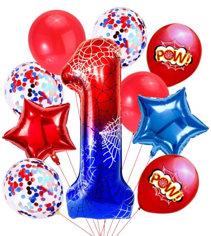 Spider Luftballon, 10 Stück Rote Blaue Luftballons, Sterne Rund Zahlen Luftballons, Spinne Helium Ballons, Kindergeburtstag Spider Luftballon für Jungen Themenparty Geburtstag Dekorationen (Zahl-1)
