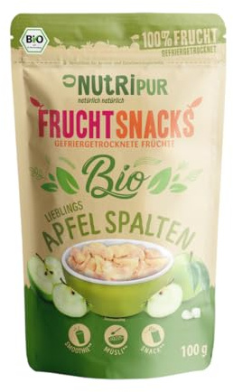 NutriPur Colonne di mele liofilizzate BIO: 100g Mele secche senza zucchero – Mele liofilizzate – Scaglie di mela senza zuccheri aggiunti – Frutta secca