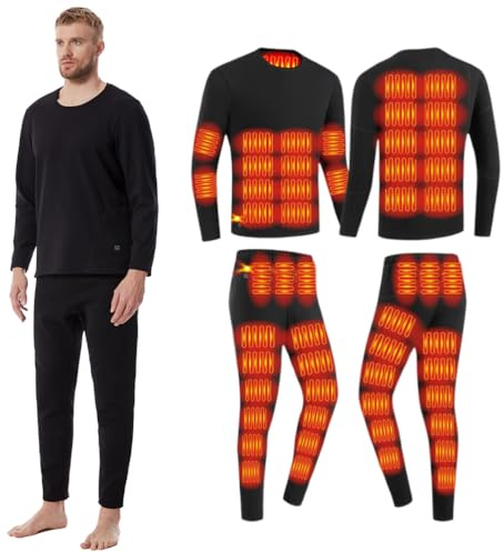 Gueploer Chemise Et Pantalon De sous-Vêtements Chauffants, Couche De Base Thermique Électrique pour Hommes Ensemble Long John Chauffant pour Moto, Ski, Camping,Noir,3XL