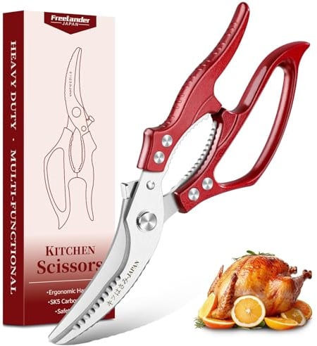 Freelander Geflügelschere Profi Küchenschere, Fleischschere Knochenschere | Geflügelschere mit Rutschfestem Griff, Hähnchenschere für Geflügel, Fleisch, Fisch, Gemüse, Meeresfrüchte und Pizza, Rot