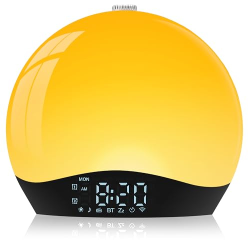 Tageslichtwecker mit Bluetooth Lautsprecher & Sonnenaufgang-Simulation, Wake-up Light Wecker mit 20 Helligkeitsstufen, 18 Farben, 22 Naturgeräuschen, Nachttischlampe (Inkl. Netzadapter) (Gelb)