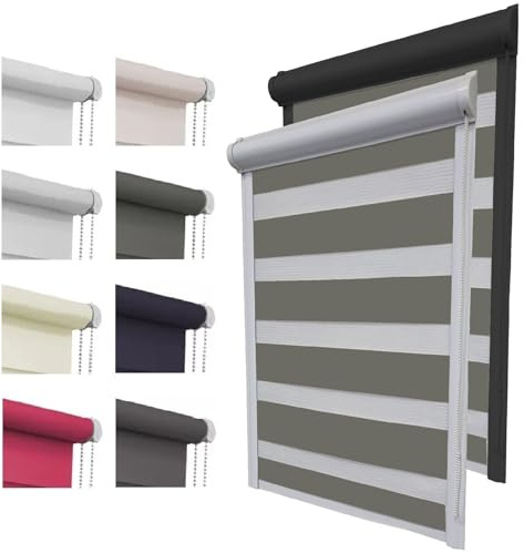 Doppelrollo ohne Bohren zum Kleben Duo Rollo für Fenster & Tür mit Kassette Blende | 8 Farben | Fensterrollo Sonnenschutzrollo Seitenzugrollo Zebrarollo Streifenrollo Blickdicht lichtdurchlässig
