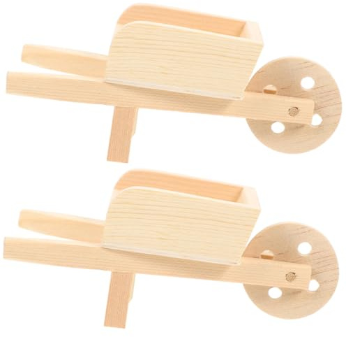 Hohopeti 2pcs Miniature Wooden Doll House Wheelbarrows Models, Natural Color Dollhouse Cart Barrows for Garden Scene Decoration and Pretend Play