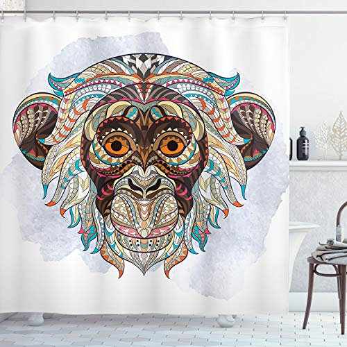ABAKUHAUS AFFE Duschvorhang, Totem, Stoffliches Gewebe Badezimmerdekorationsset mit Haken, 175 x 200 cm, Teal und Brown