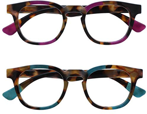 OPULIZE Ava Reading Glasses 2 Pack Flattering Rounded Frame Spring Hinges Scratch Resistant Brown Tortoiseshelll Purple Turquoise Mens Womens RR62-5Q +2.50