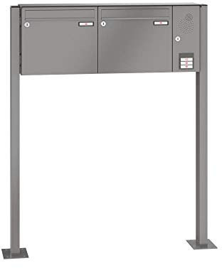 RENZ/Basic B / 2er Freistehende Briefkastenanlage Standbriefkasten mit Sprechfeld/RAL-Farbe 9007 Volumen 1/mit Fußplatten/Dein-Briefkasten.de