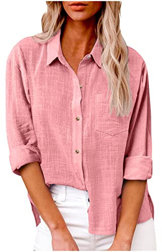 SMIDOW Camicia da donna in cotone e lino con bottoni, Rosa, S