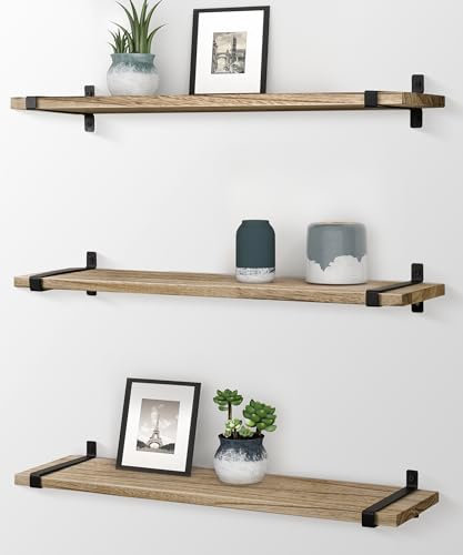 Gronda Wandregal Holz 3er Set, Schweberegale Küche, Kücheregal Wand mit schwarzes Metall, Abnehmbares Regalbrett, Brett ohne Bohren, Massivholz, Industrial, Vintage, Wohnzimmer, Bad, Bücher,60cm
