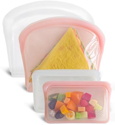 DGitaor Lot de 4 sacs de rangement réutilisables en silicone avec fermeture à glissière pour le stockage des aliments, congélateur, micro-ondes, four, lave-vaisselle (quartz transparent et rose)