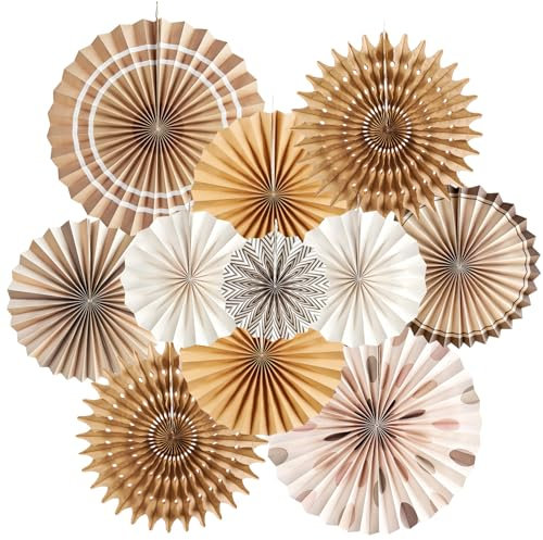 SUNBEAUTY 11-teiliges Dekofächer Set in Holzoptik - Dekorative Hängende Dekoration für Feierlichkeiten aus Papier