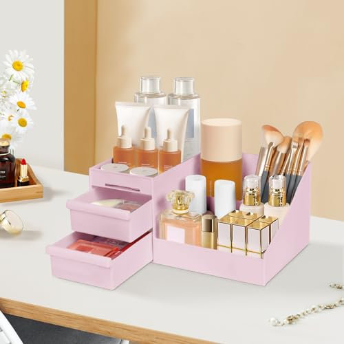 Minicoco Makeup Organizer Storage Drawers, Makeup Organiser Cosmetic Storage Box, Make up Organizer for Dressing Table Bathroom, Ideal Desk Organizer for Beauty Skincare, White (S-Pink)