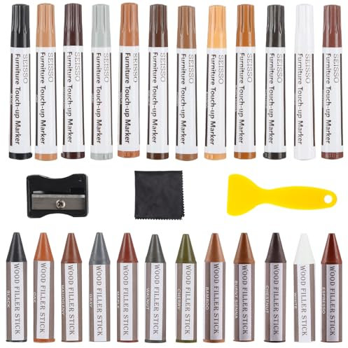 SEISSO Holz Reparaturset, Möbel Reparatur Holzmarker, 27 Stück Reparatursätze für Möbel kratzen, Zerkratzte Holzböden, Tische aus Holz, Möbel Marker, Möbelreparaturstift und Wachsstifte mit Spitzer