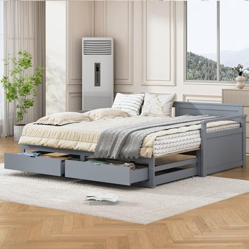 Dolamaní Tagesbett 90 (180) x 190 cm Ausziehbar, Ausziehbett Erwachsene Gleicher Höhe, Schlafsofa für 2 Personen, Bett mit schubladen (Grau)
