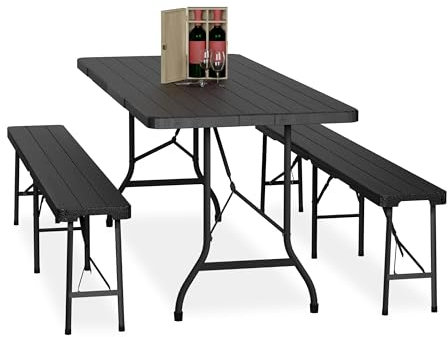 Relaxdays Bierzeltgarnitur klappbar, 3-tlg. Bierbank Set mit großem Tisch, Garten, Festzeltgarnitur, Holzoptik, schwarz