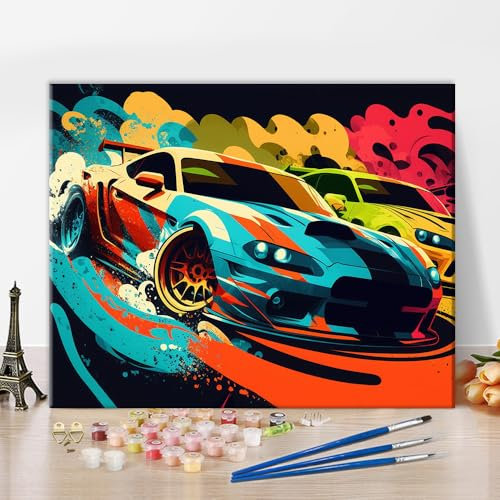 TISHIRON Peinture par numéro pour adultes, voitures de course colorées, peinture par numéros pour adultes, débutants, dessin de voiture de course, peinture avec 3 pinceaux, peinture sur toile,