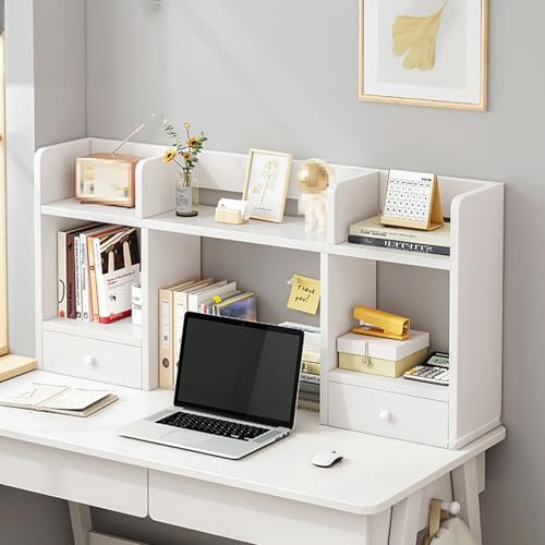 Schreibtischregal Mit Schubladen Desktop BüCherregal Bookcase Shelf Schreibtisch Aufsatzregal Klein Desktop Organizer FüR BüRo, Wohnzimmer, Werkstatt, Schule.(White,120 * 16 * 52)