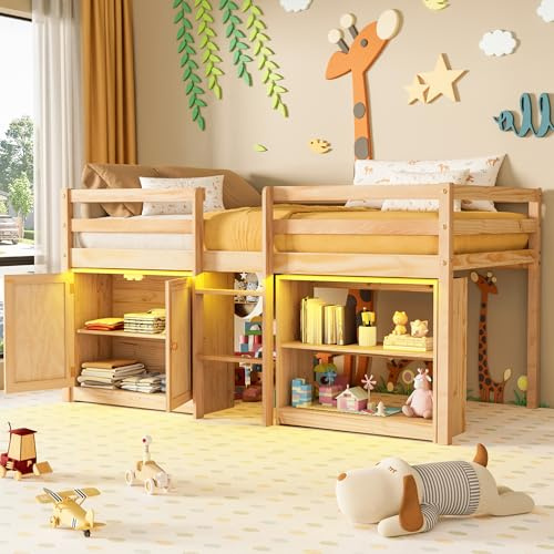 TOLEAD Wood Loft Bed for Kids, Low Loft Bed Twin Size with Storage Cabinet, Shelf and LED Lights, Wooden Kids Loft Bed with 14 H Safety Guardrail, Ladder and Under-Bed Play Space, Natural Wood