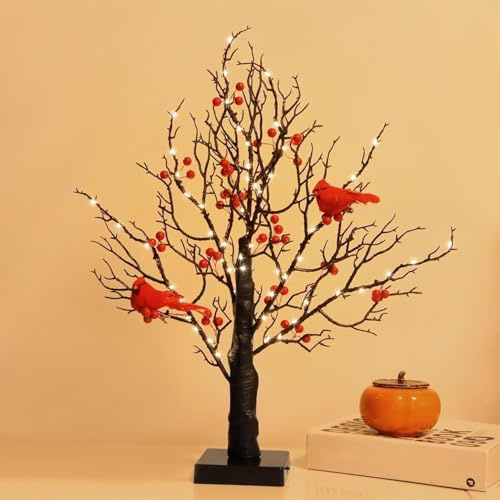 Arbre lumineux vintage à LED avec cardinaux Sapin De Noël Lumineux À LED Vintage Avec Cardinaux, Cardinal Illuminé Baies Et Branches, Mini Lampe Style Bouleau For Décoration Maison(1pc)