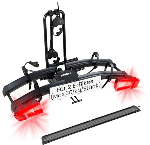 Favoto Portabicicletas E-Bike con Rampa Plegable – Soporte de Bola para 2 Bicis (60kg), Aluminio, Antirrobo, Luces 13 Pines y Soporte Matrícula