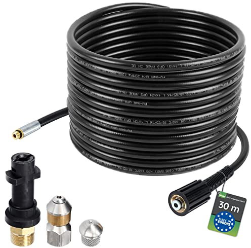 Manguera para limpieza de tuberías, 30m, 160-200 bar, incl. adaptador, boquillas rígidas + giratorias, compatible con las limpiadoras de alta presión Karcher K2, K3, K4, K5, K6, K7